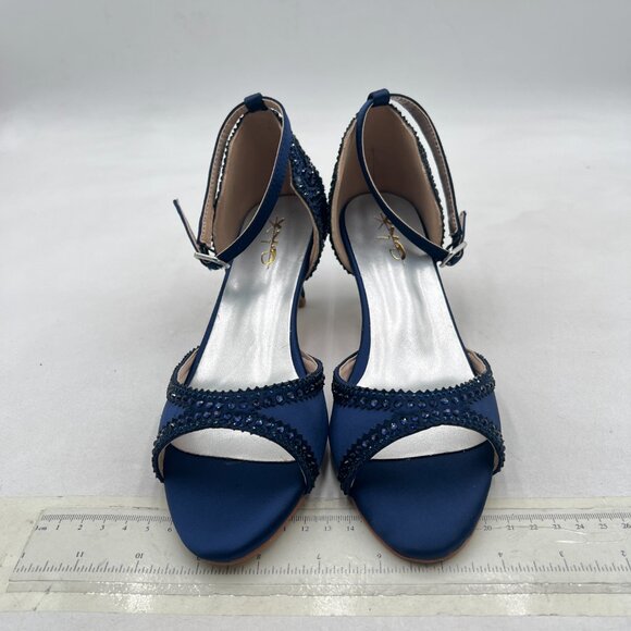 XYD Navy Open Toe Rhinestones Ankle Strap Sandals Low Heel Bridal Evening Shoes - Picture 3 of 8
